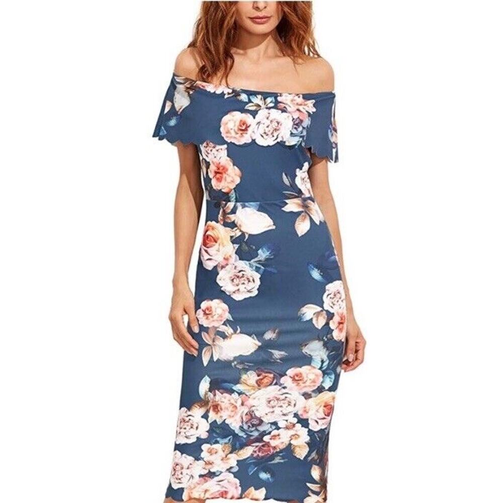 Texas Boutique Off the Shoulder Floral Midi Dress Pencil Bodice Floral Scalloped